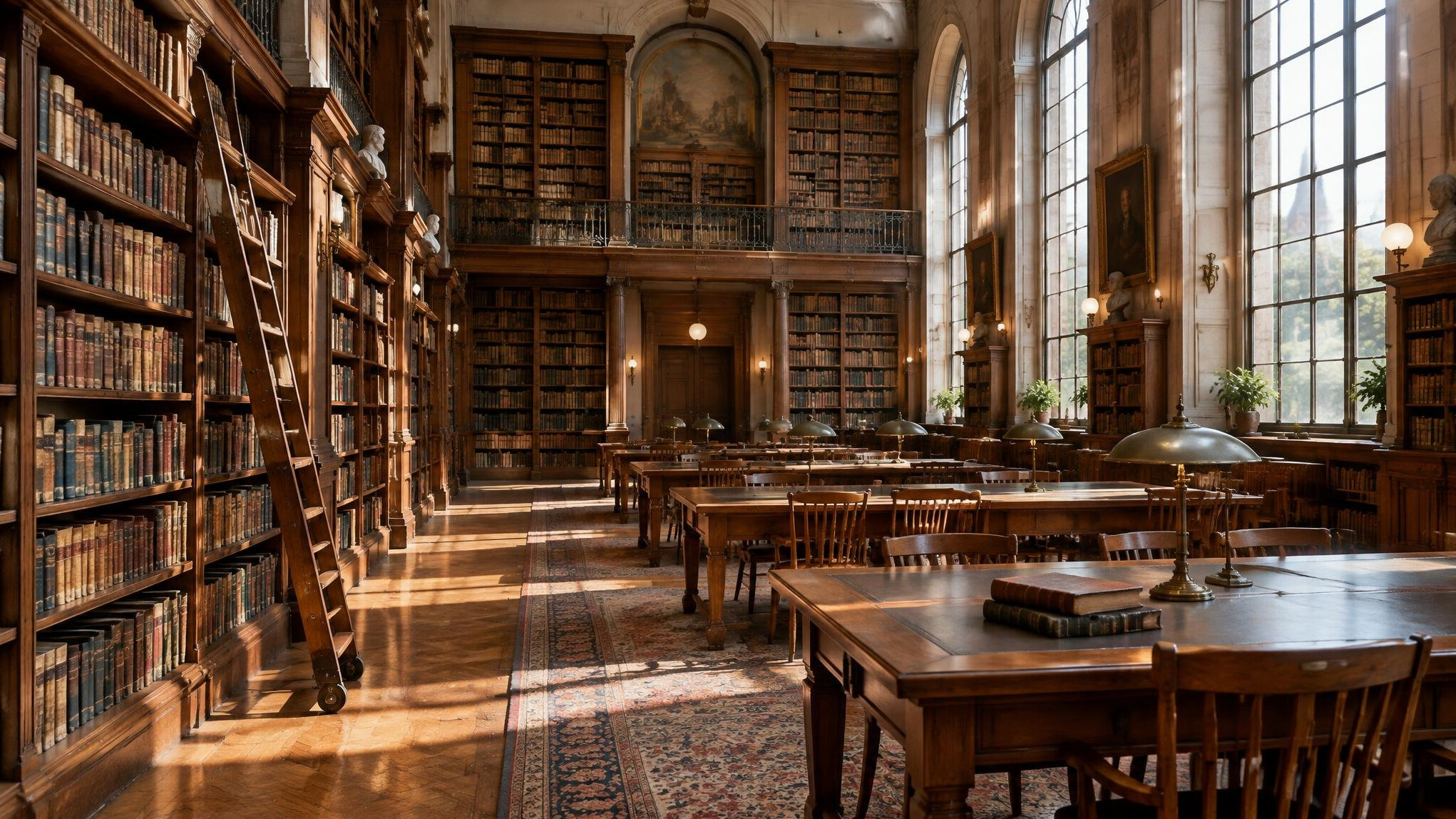 Grand historical archive library with tall shelves