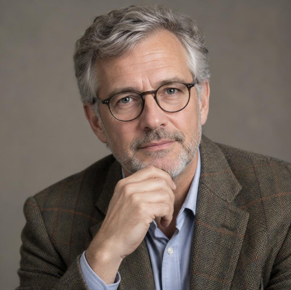 Studio portrait of a man with grey hair and glasses