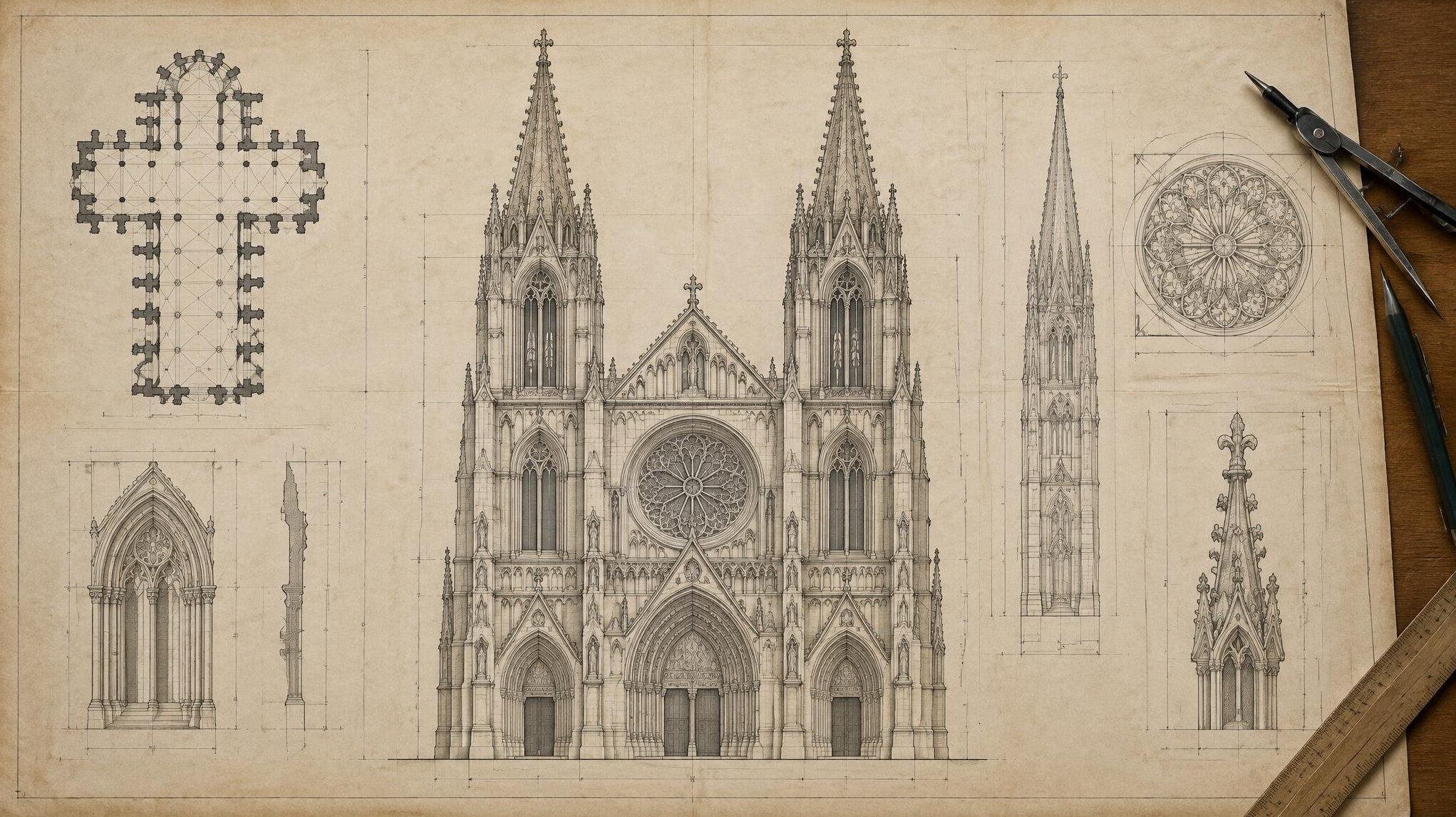 Architectural blueprint drawing of a historic building