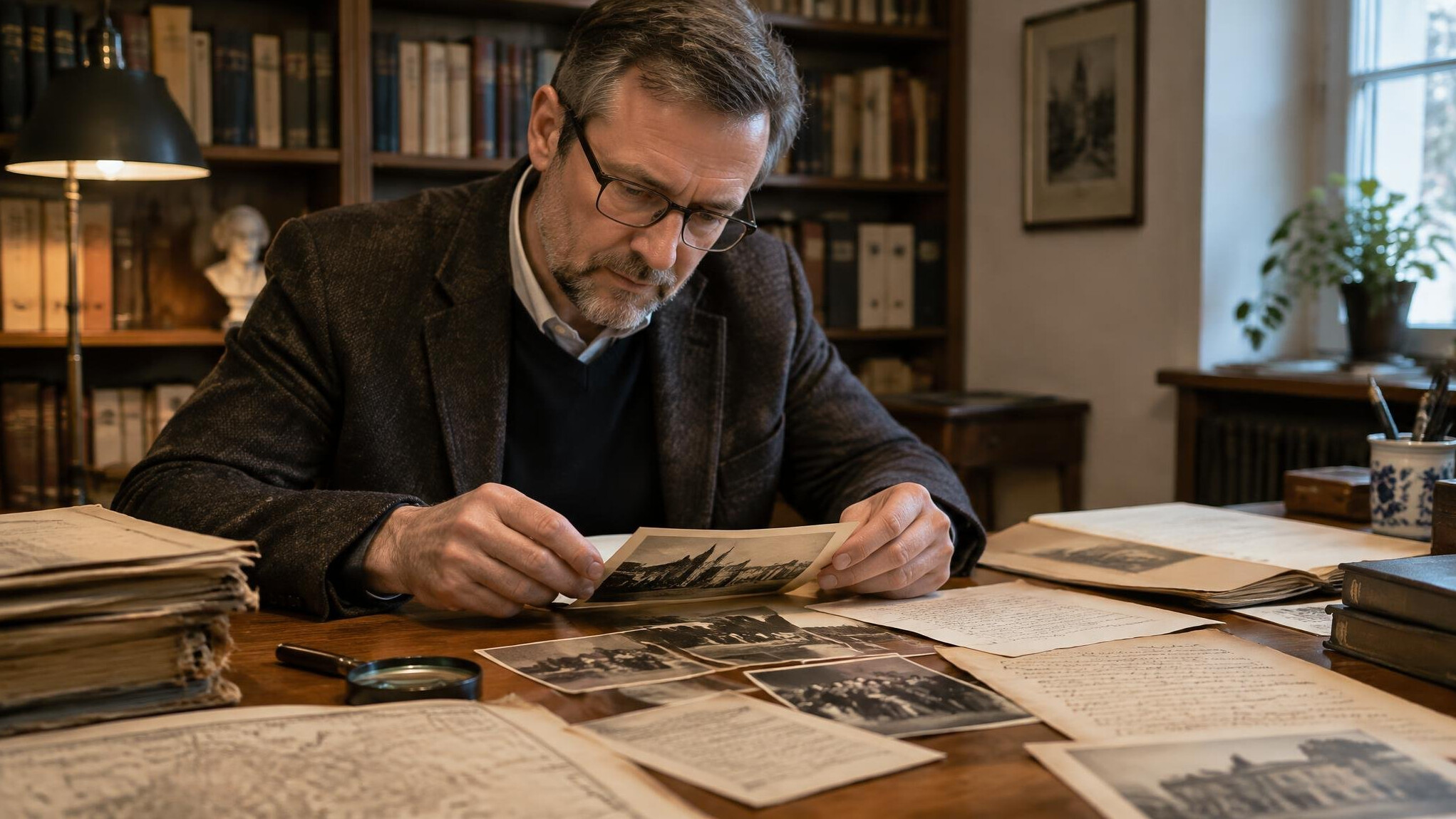 Historian examining archival documents at a wooden desk