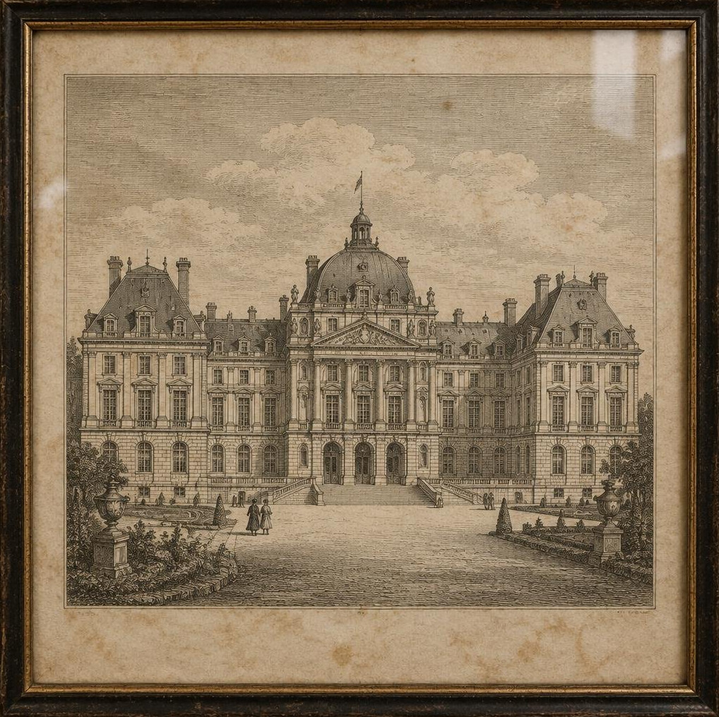 Vintage engraving print of a european building