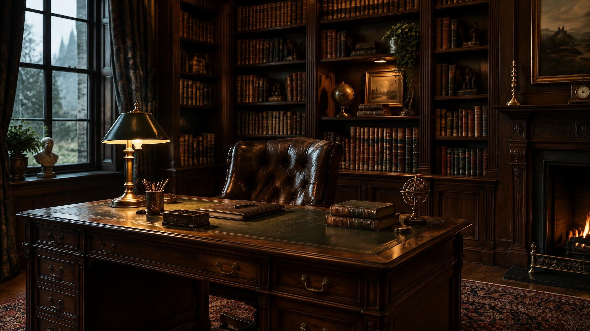 Old wooden study with desk and bookshelves